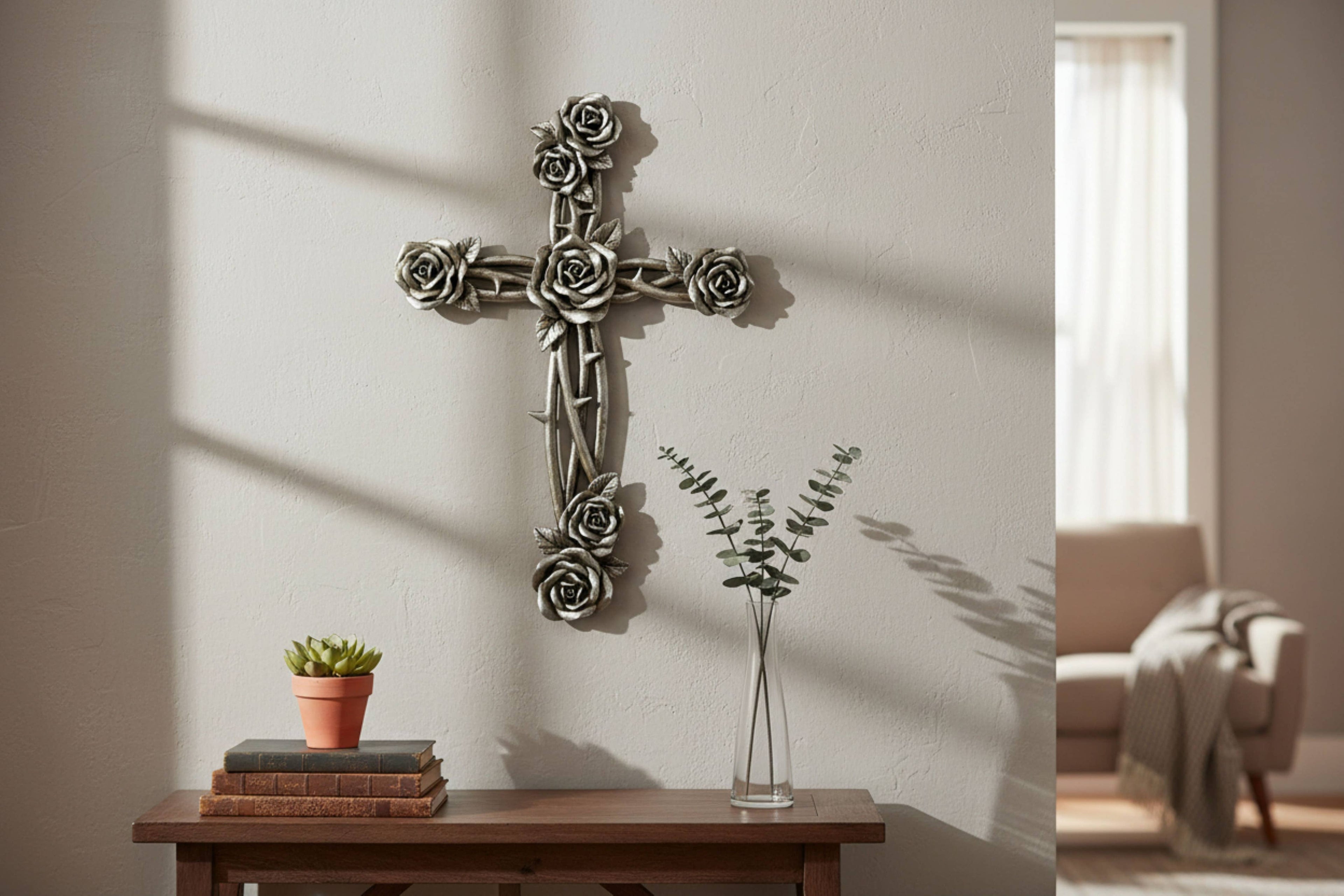 De Leon Collections - Polyresin Silver Rose and Thorns Hanging Wall Cross Décor