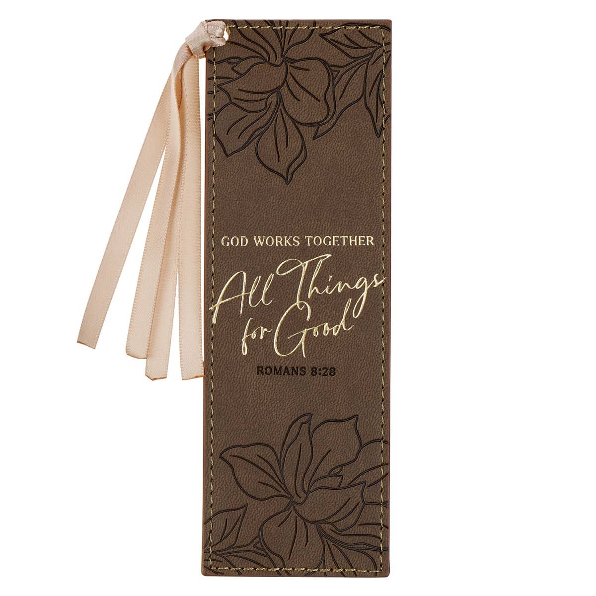 Christian Art Gifts - Bookmark Faux Leather Brown God Works For Good Romans 8:28