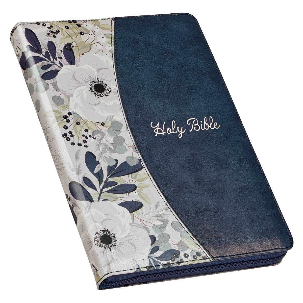 Christian Art Gifts - Blue Pearlized Floral Faux Leather King James Bible - Adult