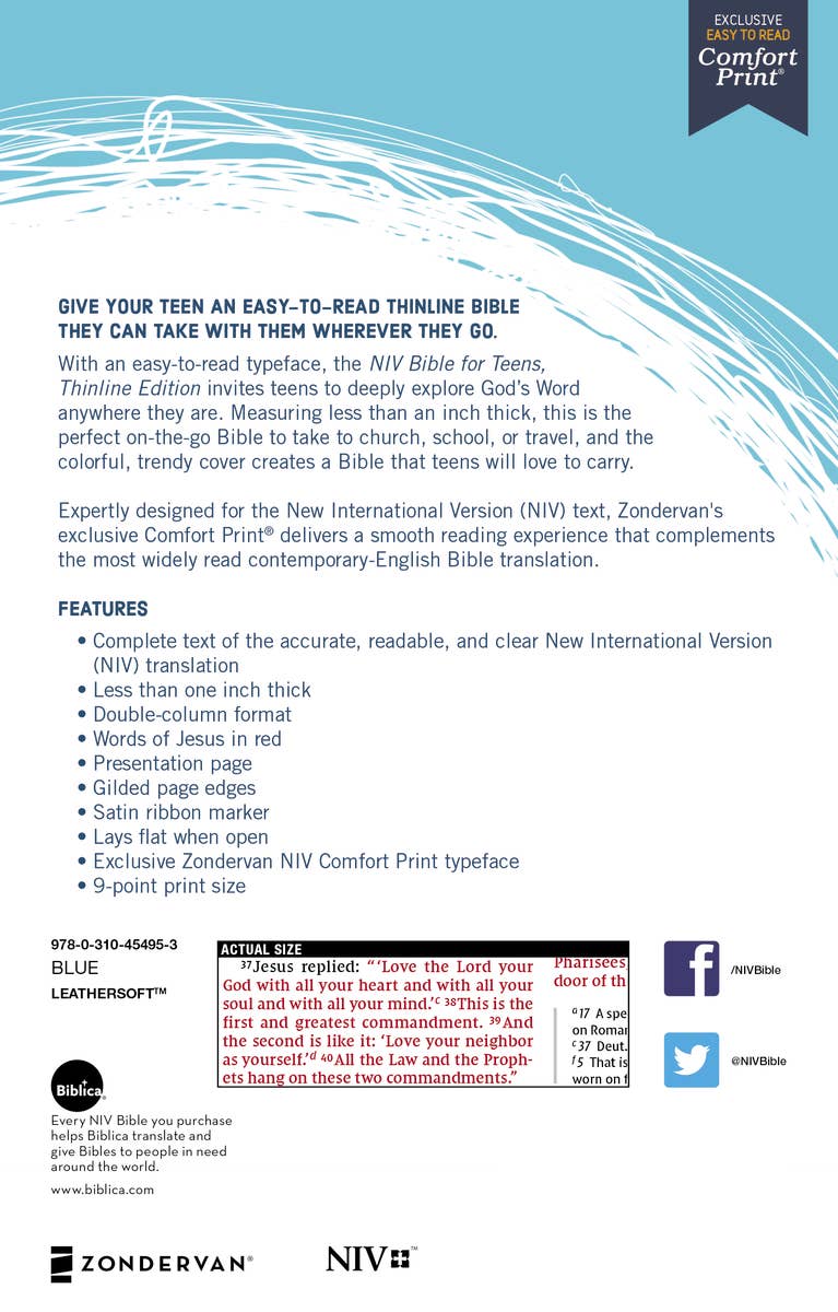 HarperCollins Christian Publishing - NIV Bible For Teens, Thinline Edition, Blue Leathersoft