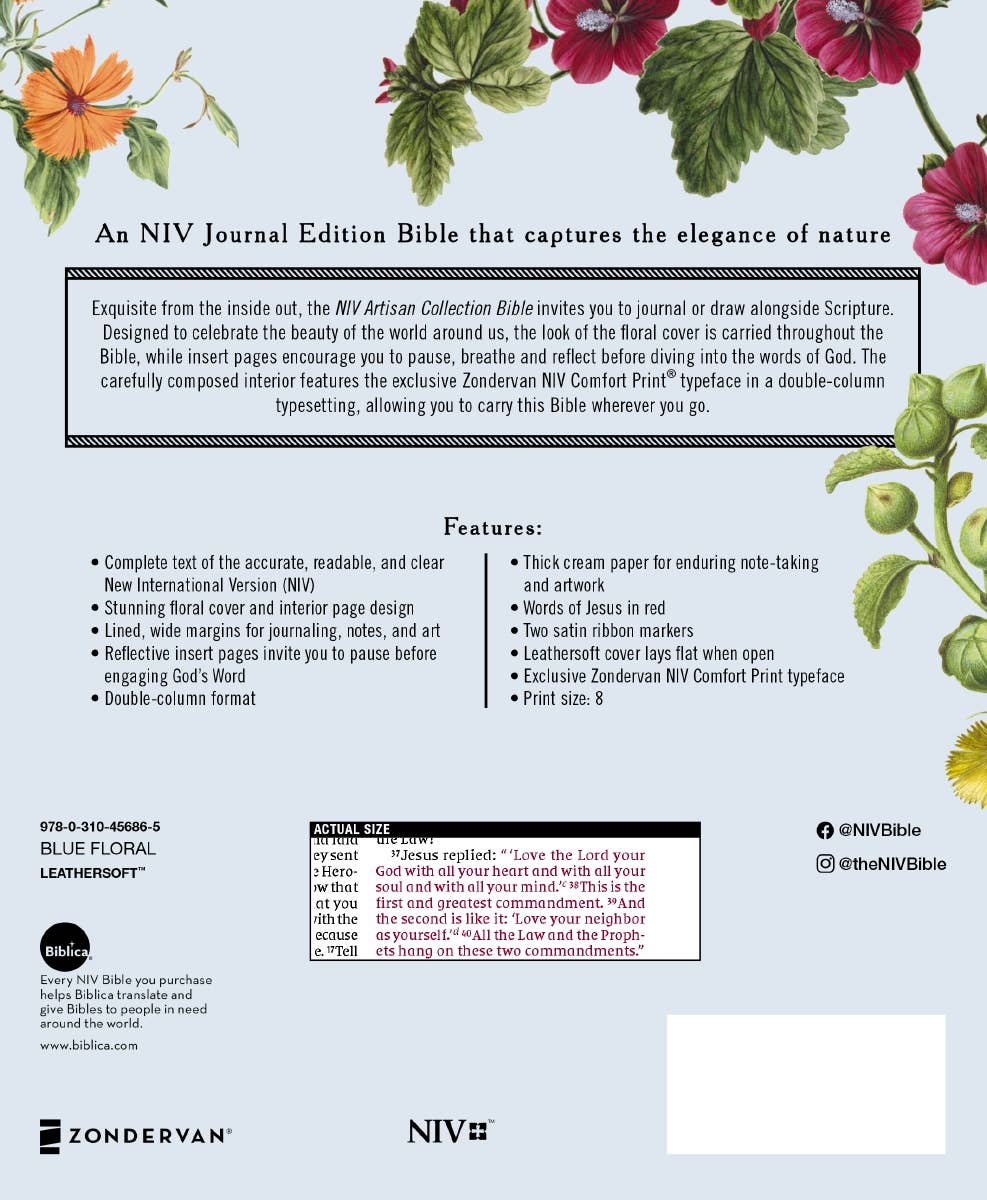 HarperCollins Christian Publishing - NIV Artisan Collection Bible Leathersoft Blue Floral