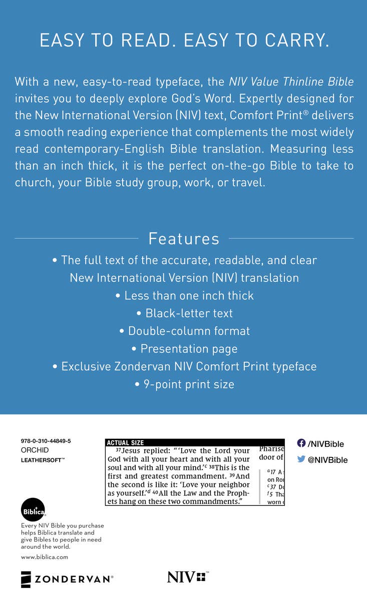 HarperCollins Christian Publishing - NIV Value Thinline Bible Leathersoft Pink