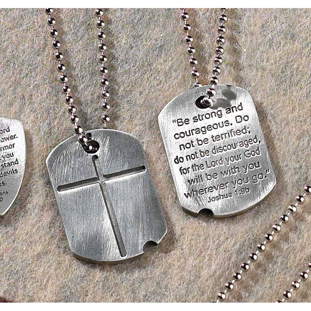 Dicksons - Dogtag Cross Necklace Josh 1:9B Pewter 21" Chain