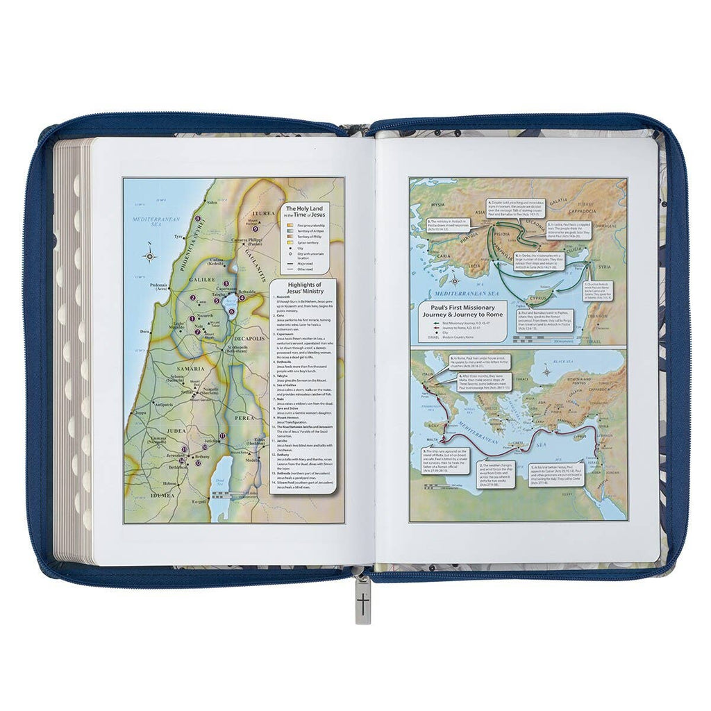 Christian Art Gifts - Blue Pearlized Floral Faux Leather King James Bible - Adult
