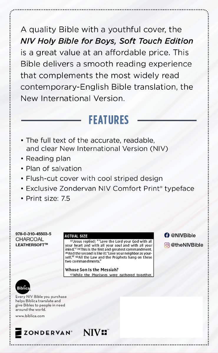 HarperCollins Christian Publishing - NIV Bible for Boys, Soft Touch Edition, Leathersoft, Gray