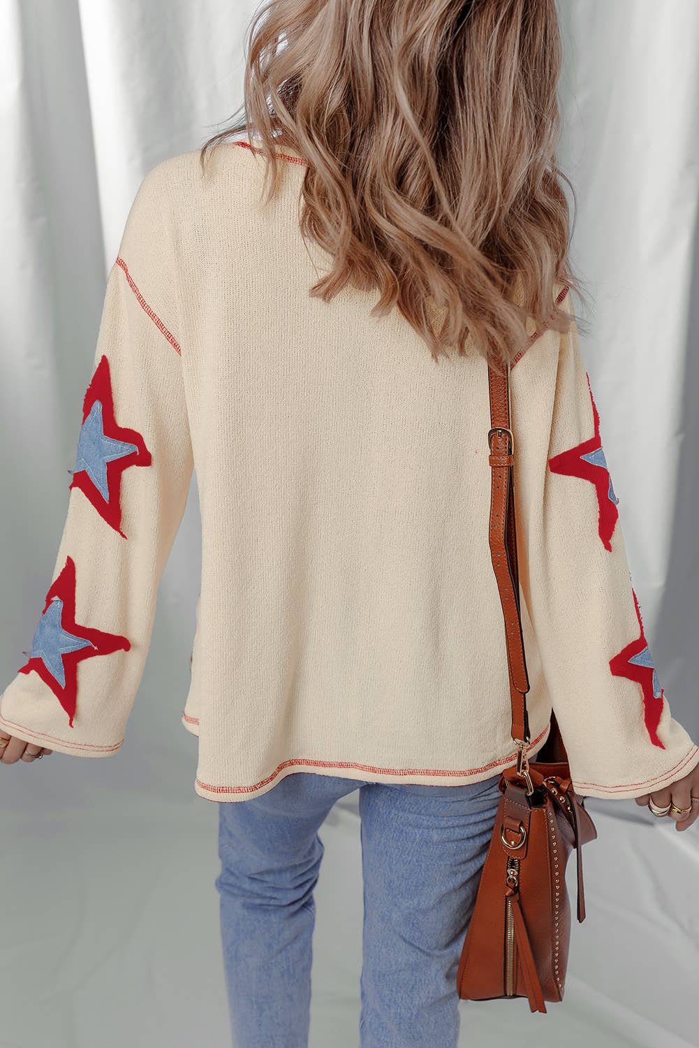 1 the Woman - USA Star Contrast Patchwork Exposed Seam Long Sleeve Top
