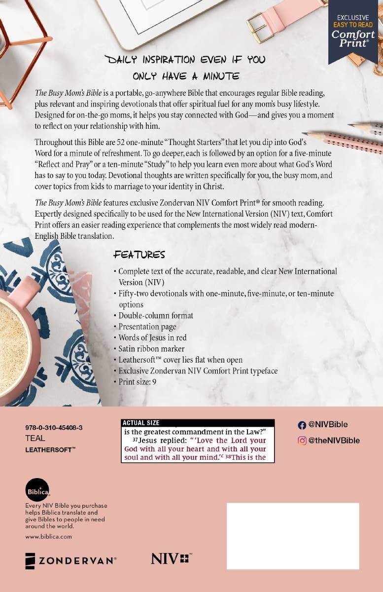 HarperCollins Christian Publishing - NIV The Busy Mom's Bible, Leathersoft, Teal, Red Letter