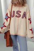 1 the Woman - USA Star Contrast Patchwork Exposed Seam Long Sleeve Top