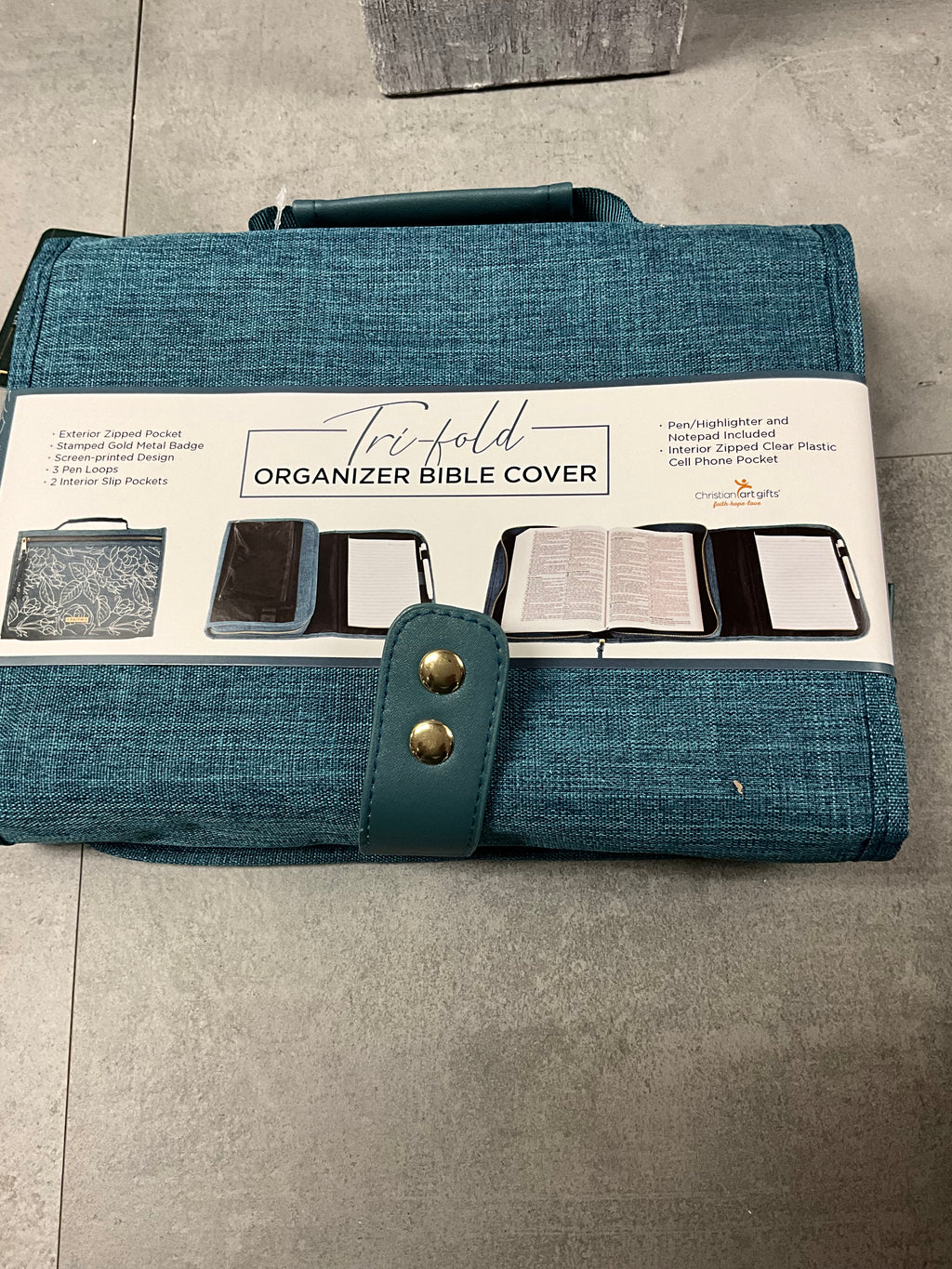Bible Cover Organizer Tri-fold Teal Faith Badge