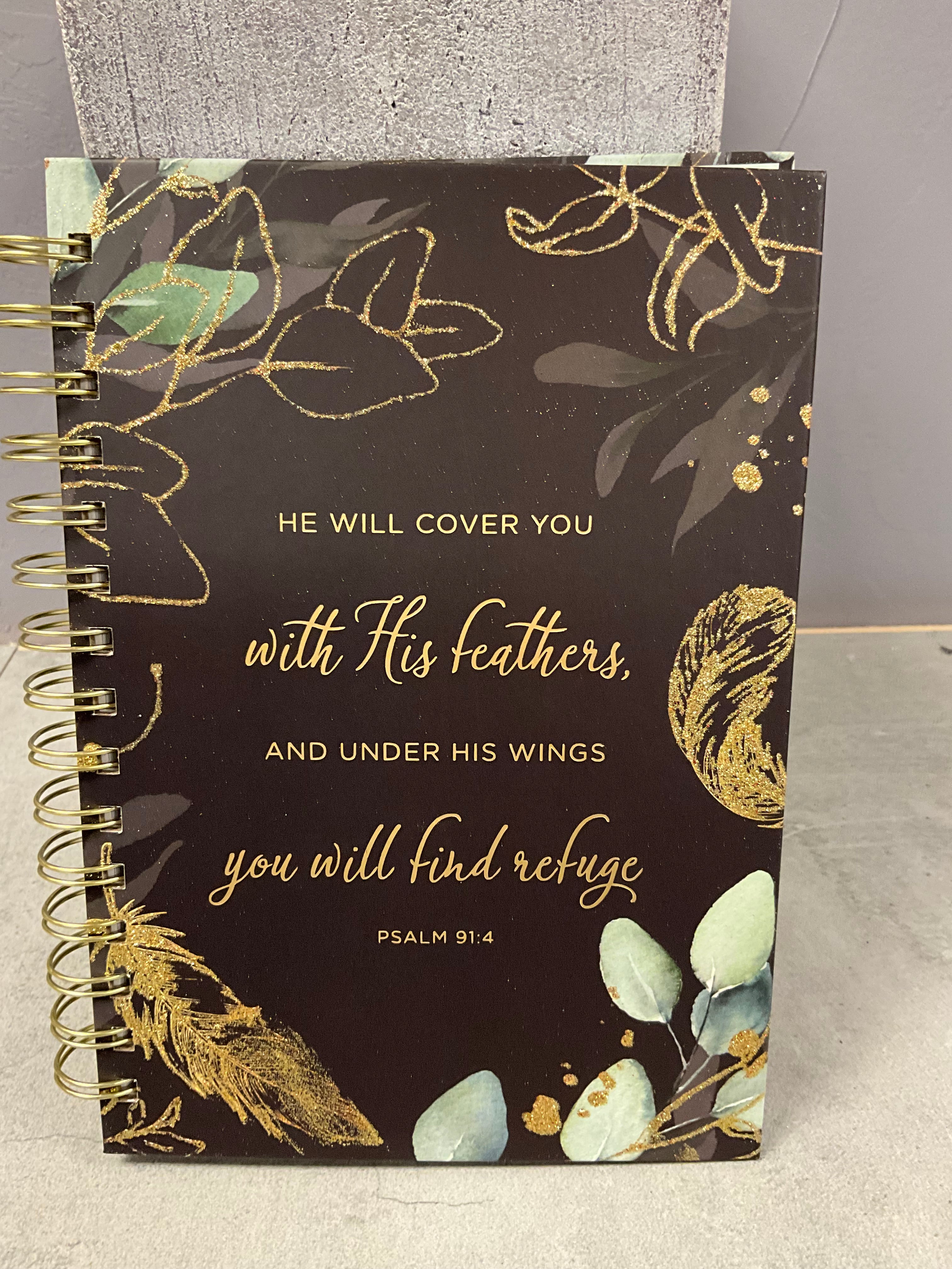 Journal Spiral Bound Black feathers He will cover You
