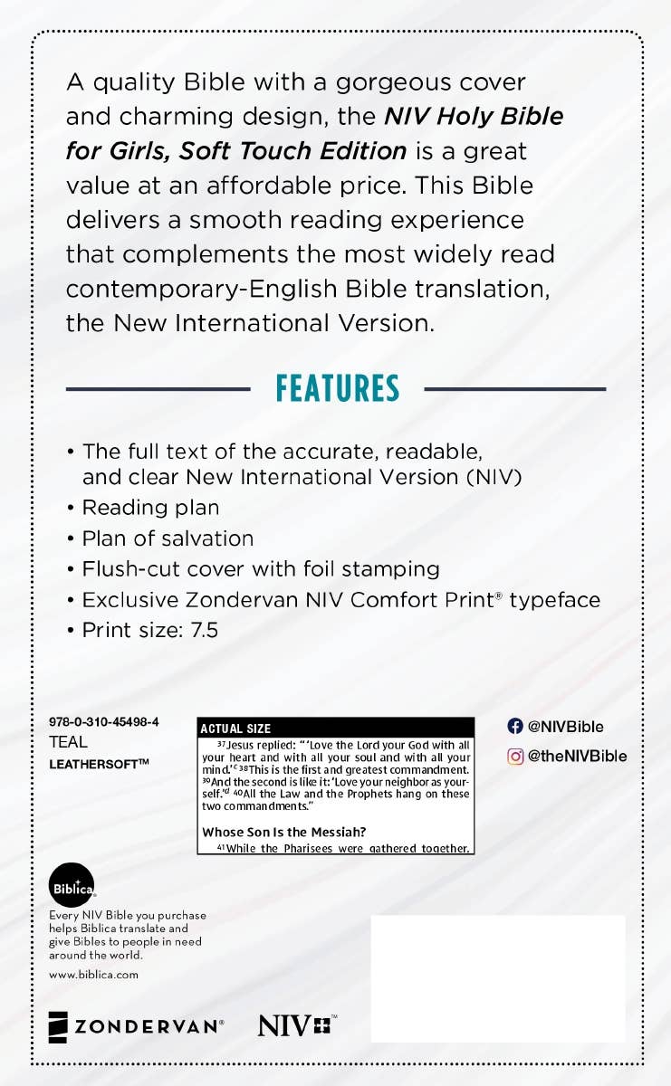 HarperCollins Christian Publishing - NIV Bible for Girls Soft Touch Edition Leathersoft Teal