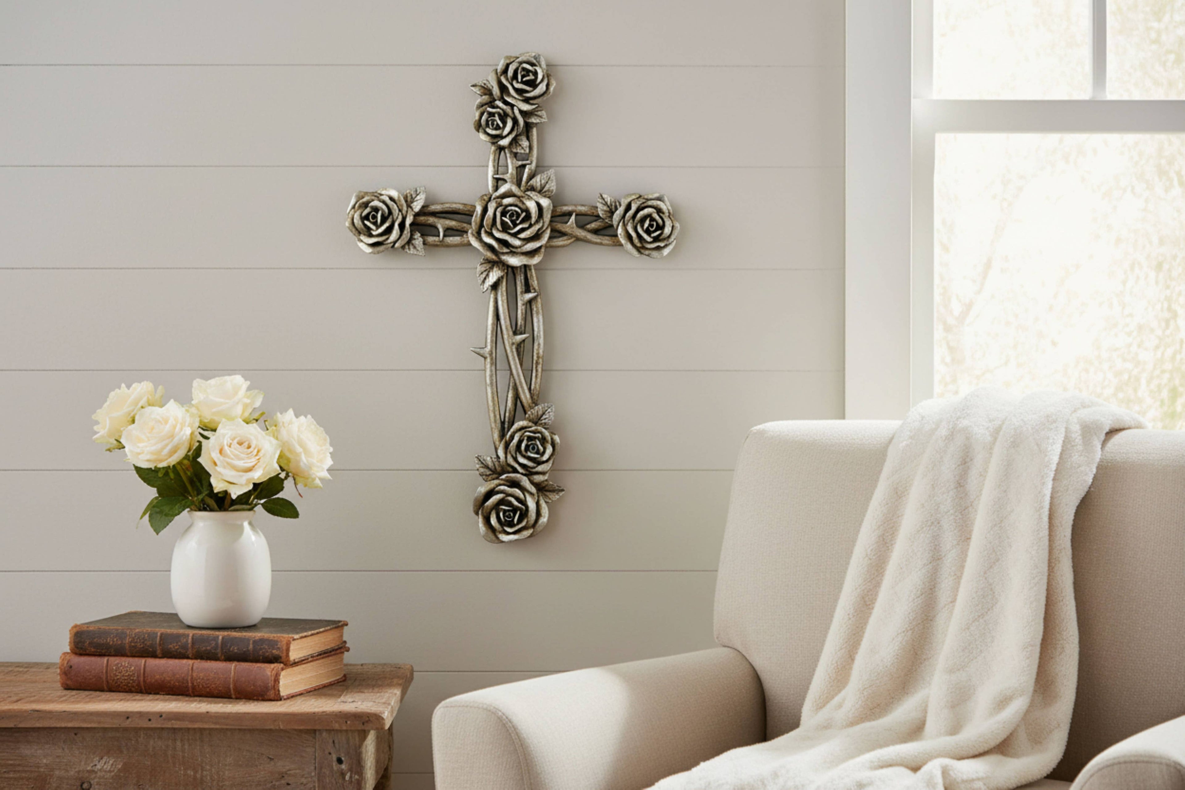 De Leon Collections - Polyresin Silver Rose and Thorns Hanging Wall Cross Décor