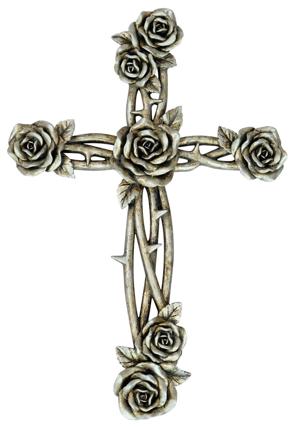 De Leon Collections - Polyresin Silver Rose and Thorns Hanging Wall Cross Décor