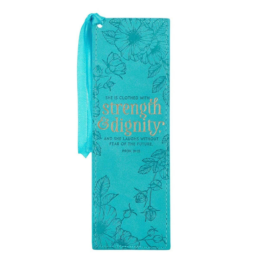 Christian Art Gifts - Bookmark Faux Leather Teal Strength & Dignity Prov. 31:25