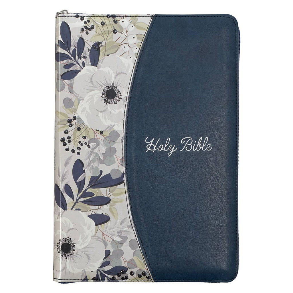 Christian Art Gifts - Blue Pearlized Floral Faux Leather King James Bible - Adult